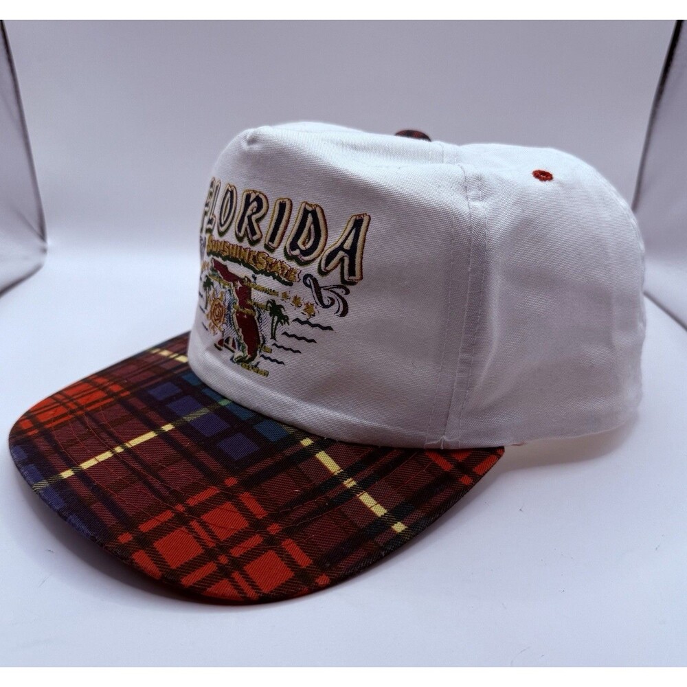 VINTAGE Yupoong Florida Sunshine State Hat Cap Plaid Bill Snap One Size
